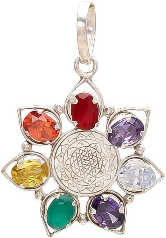 Synthetic Navratan/Navgrah Rhodium Gold Plated 7 Chakra Pendant with Shri Yantra in Center for Women