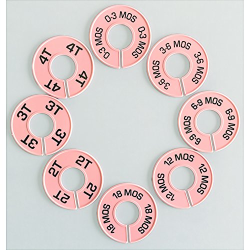 Discount Sizing Colored Closet Rack Size Divider Organizer Set- 8 Pieces Baby Toddler - Various Quantities Available (Baby Pink)