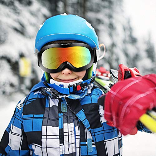 VELAZZIO Kids Ski Goggles, Snowboard Goggles OTG Snow Goggles Anti-Fog Double-Layer Lenses, 100% UV Protection (Black Frame/Transparent Lens (VLT 83%))