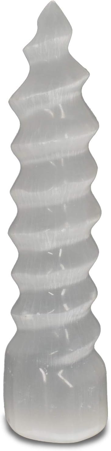 Digging Dolls: 1 Piece Natural White Selenite Hand Carved Spiral Tower - 7 Inch Avg.