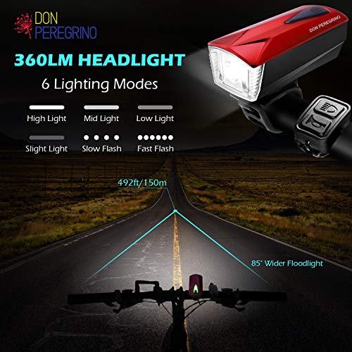 Don Peregrino Led Bike Front Light & Horn, 350 Lumens Brightness Headlight, Ipx 4 Waterproof & 1800 mAh Rechargeable Bicycle Lamp - Thumbnail 3