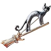Rhinestone Broom Cat Brooch Pin for Women Silver Gold-Toned Enamel Cartoon Kitten Animal Brooches Lapel Pins Suit Collar Dress Accessories Halloween Christmas Festival Jewelry for Pet Lover