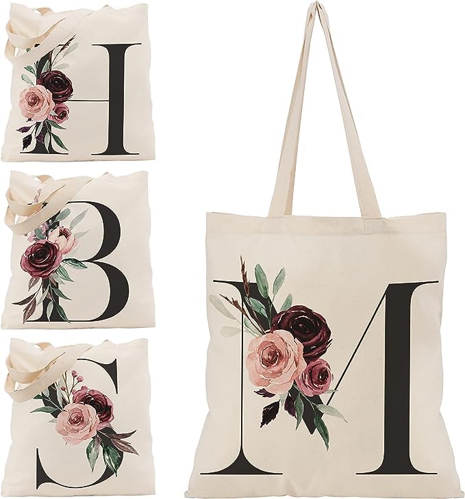 Floral Initial Canvas Bag Gifts for Women - 15"x16" Shoulder Tote Bags for Bridesmaids Hen Party Teacher Gift Shopping Bag C1 (Initial #M)