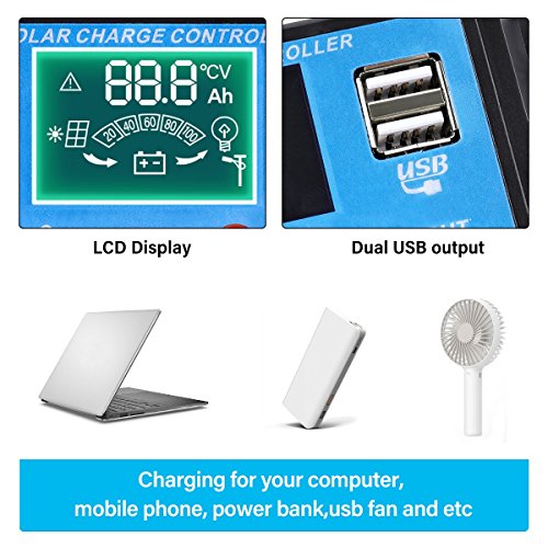 MOHOO 20A Charge Controller Solar Charge Regulator Intelligent with Dual USB Port PWM Back-light LCD Display 12V/24V(NEW DESING)