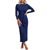 Cicy Bell Womens Long Sleeve Maxi Dress Bodycon Tie Waist Fall Elegant Crew Neck Cocktail Party Dress