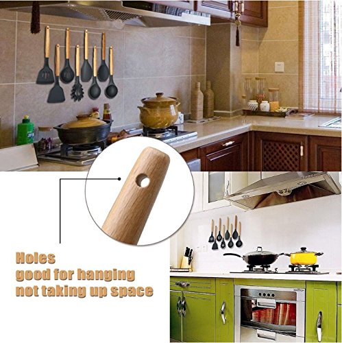 Cooking Utensils Silicone - Kitchen Silicone Utensil Set of 9 Wooden Silicone Kitchen Utensil - Silicone Spatula Set Tools for Cooking - Easy Wash,Grey
