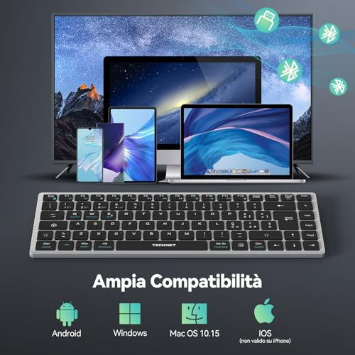 TECKNET Rechargeable Bluetooth Keyboard, 4-Device (2.4G USB+3BT), Italian Mini Wireless Keyboard, Easy-Switch for Windows, MacOS, iOS, Android, Samsung Tablet, Smart TV, Italian QWERTY Layout
