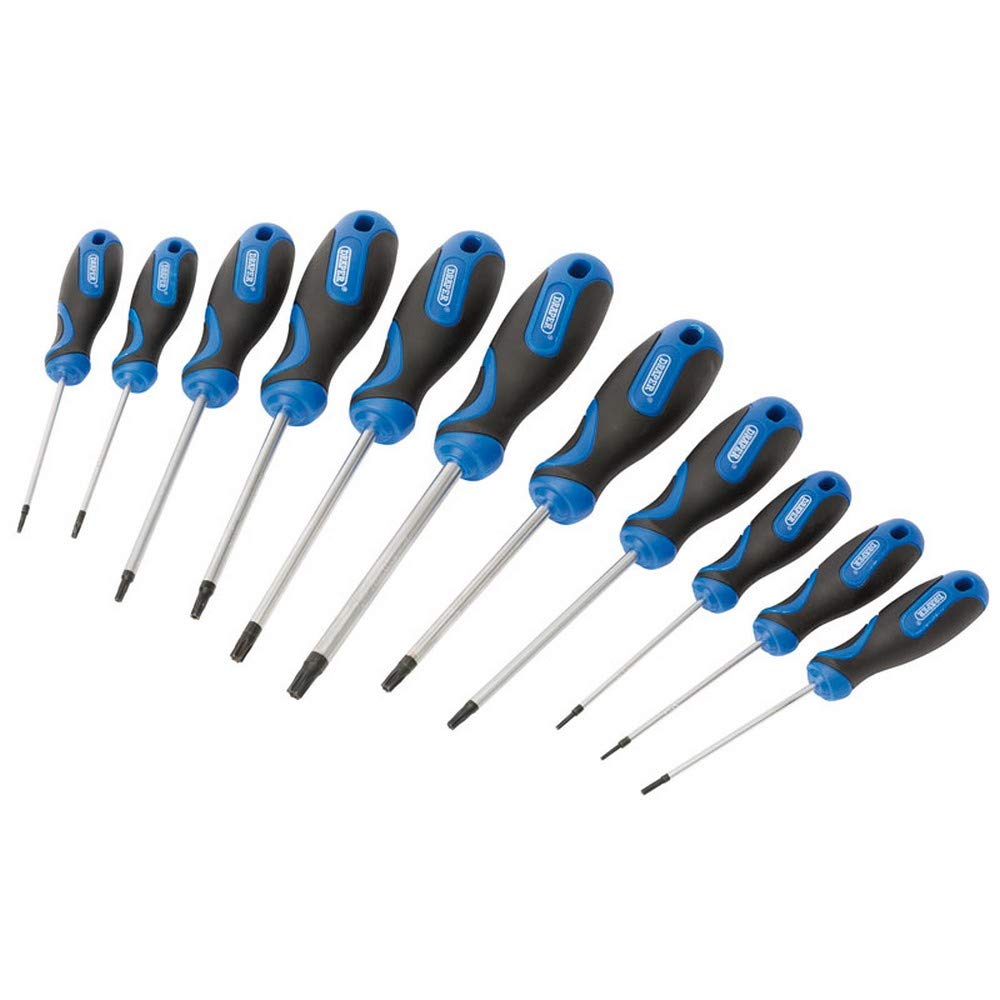 Draper 11 Piece Tamperproof Security Torx Tx Star Screwdriver Tool Set, T6-T40T - 34253 - T6, T7, T8, T9, T10T, T15T, T20T, T25T, T27T, T30T & T40T, Blue