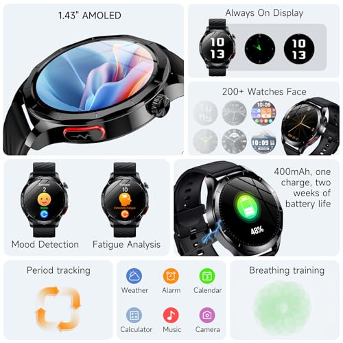 2026 Smart Watch for Men with Blood Pressure/ECG/Sleep Monitor,1.43"AMOLED Fitness Tracker with Bluetooth Calls/SOS Button, 24/7 Heart Rate/Body Temperature/SpO2,Waterproof Watch for Android iOS