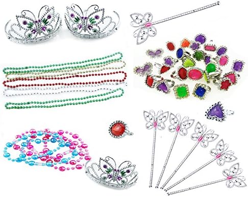 Amersumer Colorful Princess Pretend Play Set with Princess Crown Tiaras，Wands，Gemstone Rings,Necklaces, Bracelets for Princess Theme Girls Party Favors