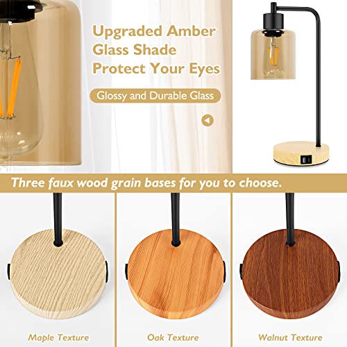 Industrial Table Lamp for Bedroom with USB Type-C AC Ports Amber Glass Lamp Shade Touch Control Bedside Lamp 3-Way Dimmable Nightstand Reading Lamp Set of 2 for Living Room,Office,2 LED Bulbs Include