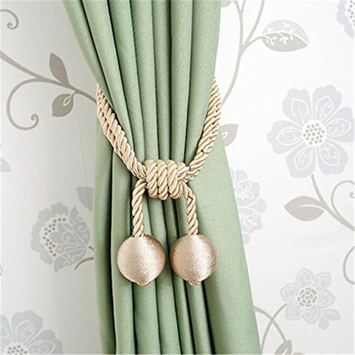 Turbokey 2pcs Curtain Tiebacks Rope Ball Braided Drapery Tassel Clip Buckle Decorative Hand-Knitted Cord Bandages - Beige