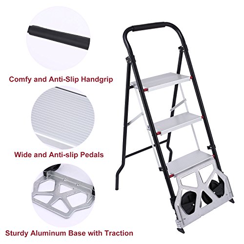 Anfan Folding 3-Step Stool Ladder and Hand Truck Portable Ladder with Hand Grip Aluminum Wide Pedal Sturdy Steel StepLadders 330lb Dolly 176lb