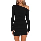 YOXUA Women's Elegant Sexy Off Shoulder Dress Long Sleeve Bodycon Ruched Formal Cocktail Party Mini Dresses