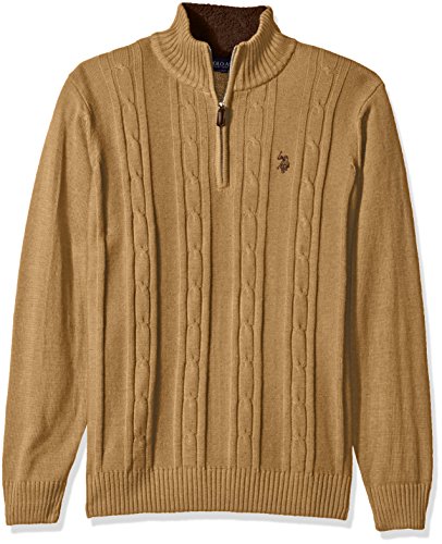 U.S. Polo Assn. Men's Solid Cable 1/4 Zip Sweater, Alpaca Heather, Medium