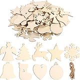 Tatuo 90 Pieces Unfinished Ornaments Christmas Wooden Ornaments Hanging Embellishments Crafts for DIY, Christmas Hanging Decoration (White Multi-Shapes)