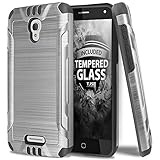 Alcatel Fierce 4 Case, OneTouch Allura Case, Pop 4 Plus Case With TJS Tempered Glass Screen Protector, Dual Layer Shockproof Hybrid Armor Protection Metallic Brushed Finish Case Cover (Black/Grey)