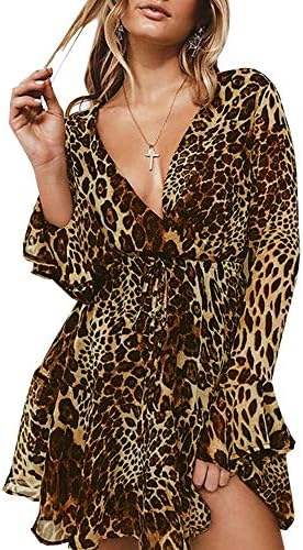 Womens Leopard Print Long Sleeve Boho Mini Dresses Chiffon Deep V Neck Skater Swing Party Dress