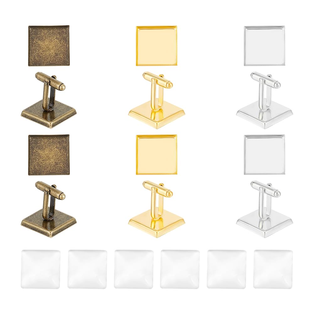 UNICRAFTALE 3 Colors 12 Sets Square Blank Cufflinks DIY Blank Square Brass Cufflinks Making Kit Golden Cabochon Cufflink Settings Square Cuff Button for Men Jewelry Making DIY Crafts