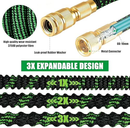 NIUCNIU Expandable Garden Hose Pipe 100FT/30M, 10-Pattern Spray Nozzle, Brass Fittings 1/2" & 3/4", Durable 3750D Fabric, 4-Layer Latex Core, Hose Pipe for Gardening, Car Cleaning, Black&Green
