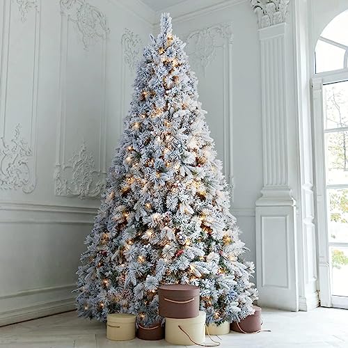 ANOTHERME 9ft Flocked Christmas Tree Prelit, White Christmas Tree with