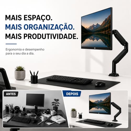 Suporte Articulado para Monitor com Pistão a Gás 10" a 35" | Braço Ergonômico de Mesa com Morsa | Ajuste de Altura, Inclinação 90° e Rotação 360° | VESA 75x75 e 100x100 | Suporta até 9kg