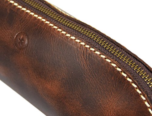 Vintage Leather Zippered Pen/Pencil Case | Classic Cylindrical Design Craft/Art Supplies Storing Kit | Portable Travel Cosmetics Makeup Pouch By Aaron Leather (Dark Brown) - Thumbnail 4
