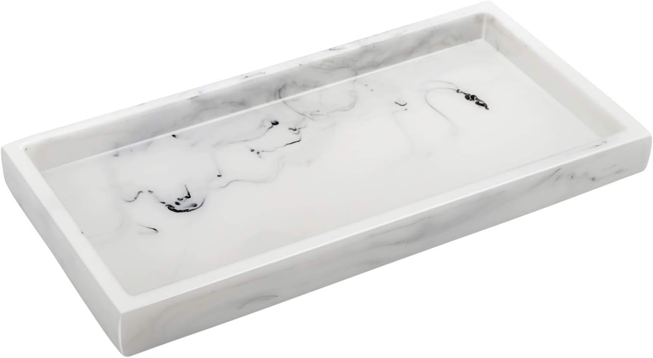 Emibele Jewelry Organizer Resin Tray, Bathroom Kitchen Dresser Vanity Tray Jewelry Dish Ring Cosmetic Organizer for Candle Perfume Soap Shampoo Small Plant Home Decor, Mini Size - Marble White: Home & Kitchen