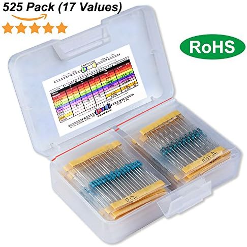 Haitronic 17 Values 1/4W 1% Resistor Kit Assortment, 0 Ohm-1M Ohm (Pack of 525) for class education, engineer electronics experiment