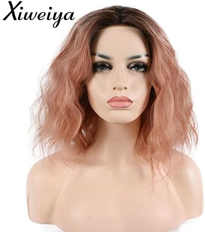 Xiweiya pink synthetic lace front wig with heat resistant fiber water wave curly short pink wig half hand tied for women hair replacement wig
