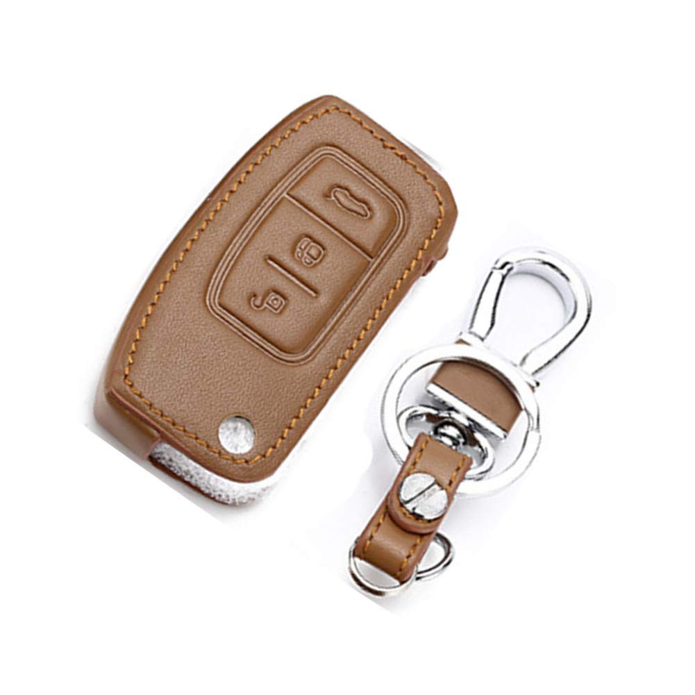 Happyit Leather Car Fob Key Cover Cases for Ford New Fiesta Ecosport Focus 2 MK2 2012-2021 3 Buttons with Keychain (Brown)