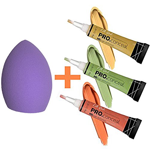 L.A. Girl Pro Conceal Set Orange, Yellow, Green Correctors (4 Piece Set, With Sponge)