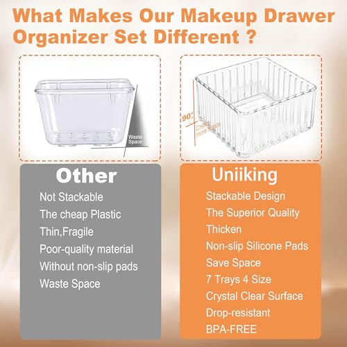 Uniiking® 7 PCS Clear Drawer Organizer Bins, 4-Size Stackable Makeup and Vanity Makeup Organizer Trays, Acrylic Bathroom Drawer Storage Containers for Cosmetic, Office Supply