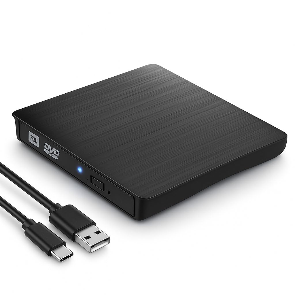 KamKorda External CD DVD Drive, USB 3.0 & USB-C, Slim, Portable, Black, Compatible with Mac, Windows, PC, Laptop, Desktop