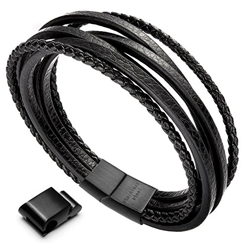 murtoo Leather Bracelet For Man-Clasp Cowhide Braided Multi-layer Wrap Mens Bracelet, (Black New,8.7'')