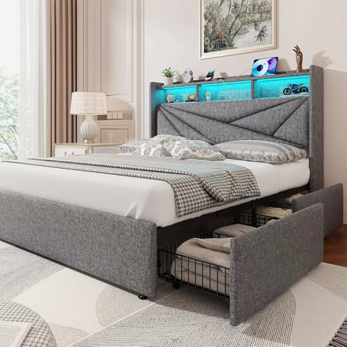 Driftalia LED King Size Bed Frame with 4 Storage Drawers, Upholstered King Bed…