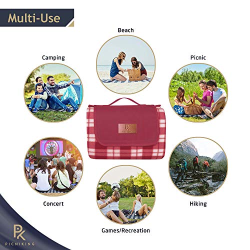PicniKing Extra Large Waterproof Picnic Blanket (78"x59") | Slip Resistant | Premium Polar Fleece | Machine Washable | Foldable Tote | XL (Raspberry)