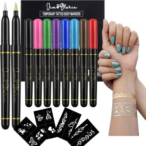 Jim&Gloria Skin Markers Temporary Tattoo Pen 10 Colors with Gold and Silver, Fake Body Paint Tattoos, Christmas Makeup, Face Painting Kit Teen Girl Gifts Trendy Stuff Adults Kids Birthday Gift