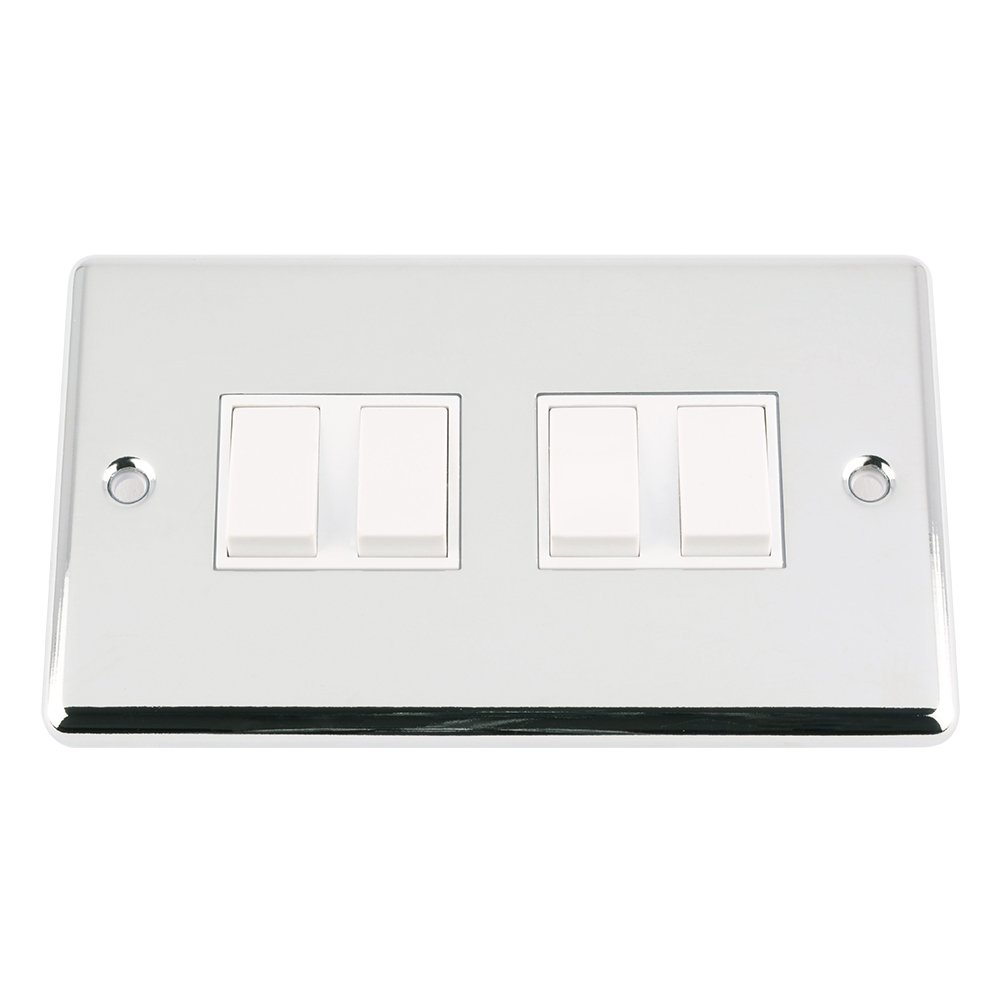 Light Switch 4 Gang - Polished Chrome - Classic - White Insert Plastic Switch - 10 Amp Quad 4 Gang 2 Way