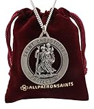 Men's Large Saint Christopher Round Cut Out Medal and Necklace Solid 925 Sterling Silver - 24 Inch 925 Sterling Silver Chain - 32.50 Mm (1.27 Inch)