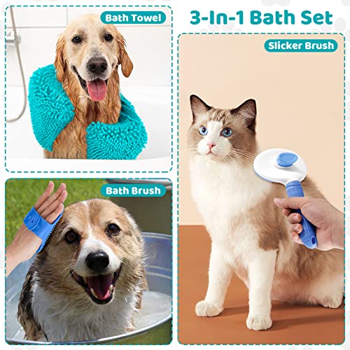 Odoland Quick Dry Towel for Dogs 3 in 1, Included Pet Grooming Brush, Dog Slicker Brush, Ultra Absorbent Microfiber Dog Towel, Pet Towel for Cat Dogs, Size for All Breeds Blue