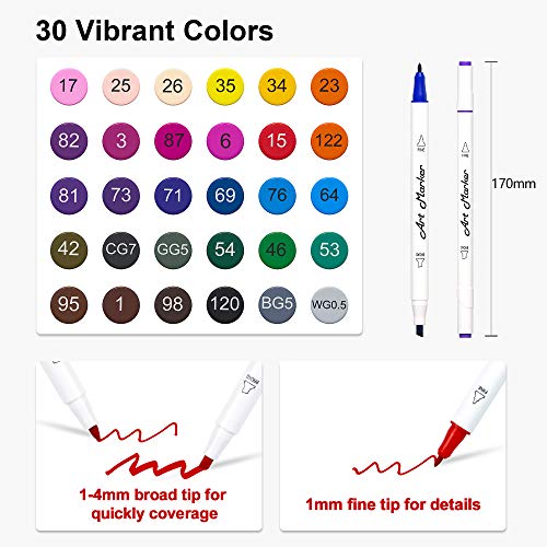 Lelix 30 Colors Art Markers, Dual Tip Permanent Marker Pens