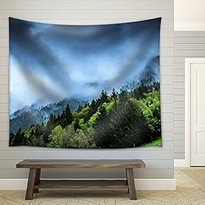 Green Hills with Fog Background - Fabric Wall Tapestry Home Decor - 51x60 inches
