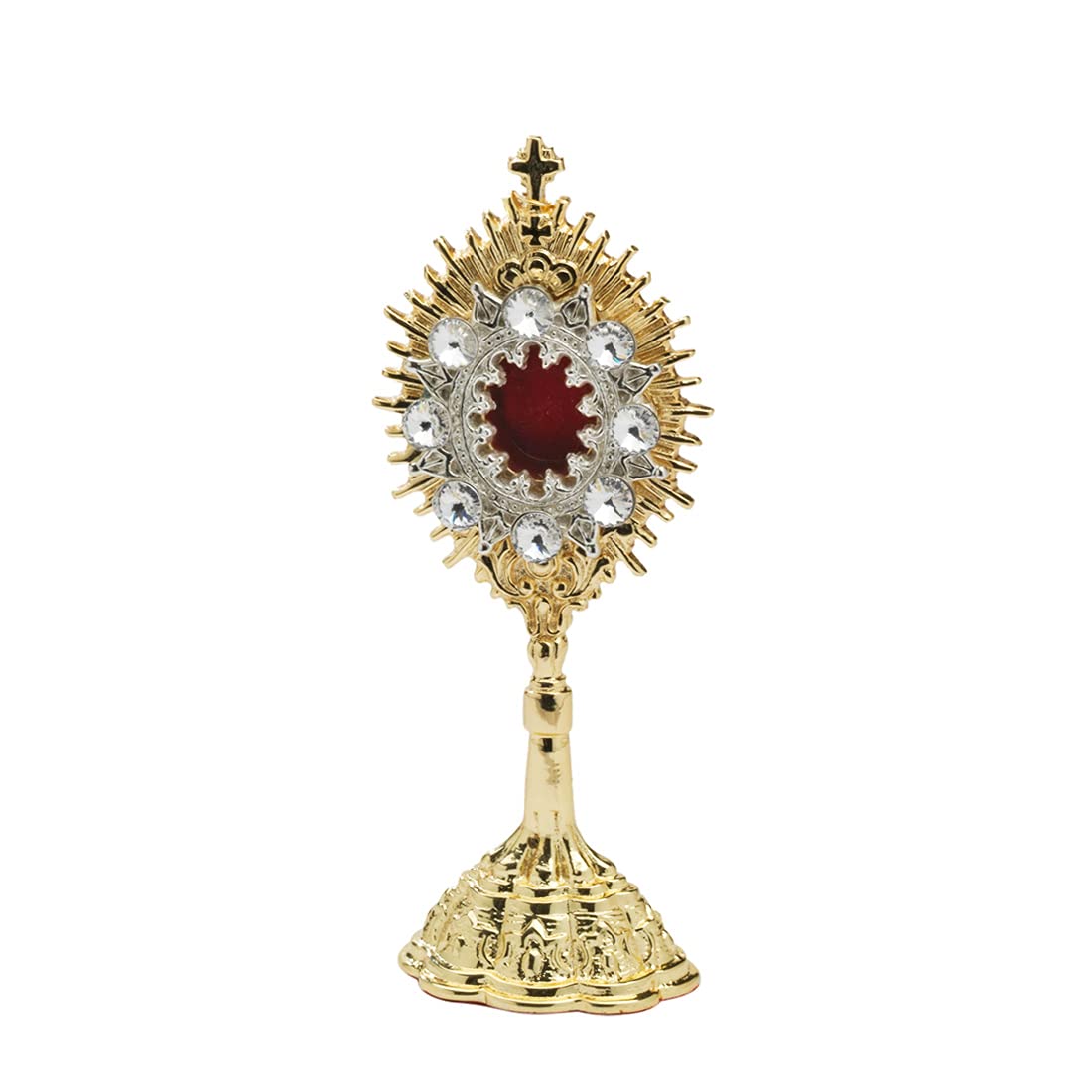 NKlaus reliquary brass gold plated H:14,5cm base 5x3,5cm fine crystals with line pattern 10982