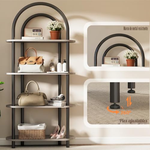 YOSHOOT 4 Tier Curved Bookcase with Metal Frame and Wooden Shelves 165cm High Ideal for Living Room Study Office 80 x 30 x 165 cm (Grey Oak)
