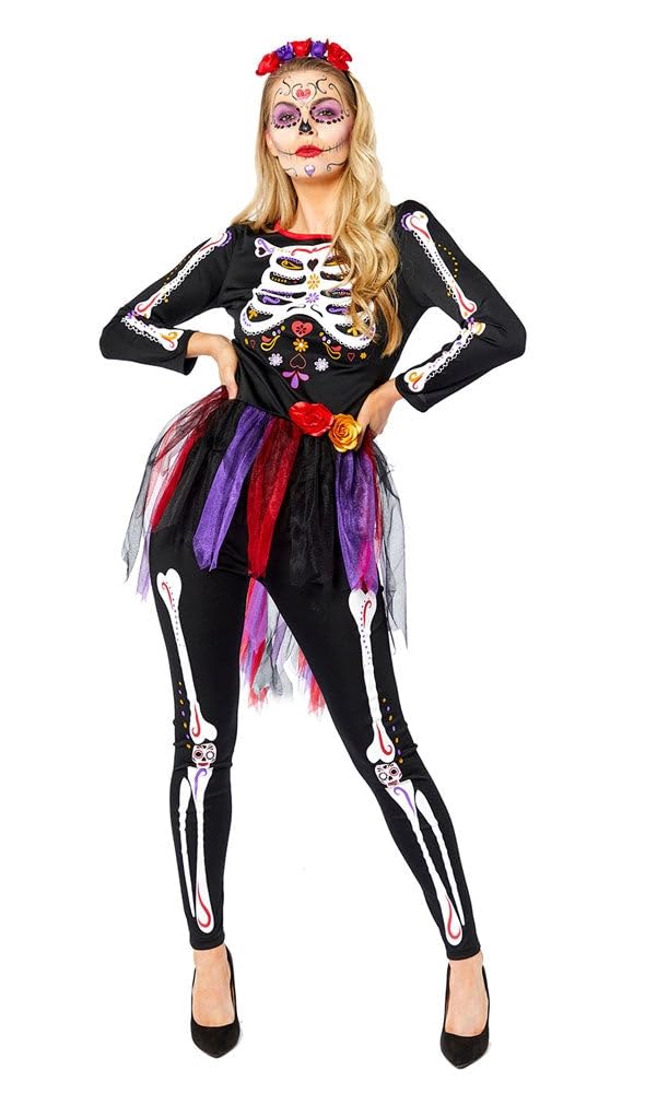Amscan 9914952 - Adults Day of the Dead Skeleton Ladies Halloween Fancy Dress Costume Size: 10-12