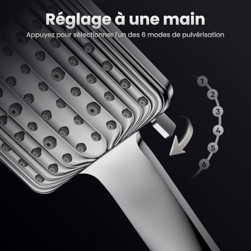 VOXON High Pressure Shower Head with 6 Modes, Square Water Saving Shower Head with One Hand Adjustment Knob and Silicone Anti-Clogging Nozzle, Chrome Plated Large Shower Head