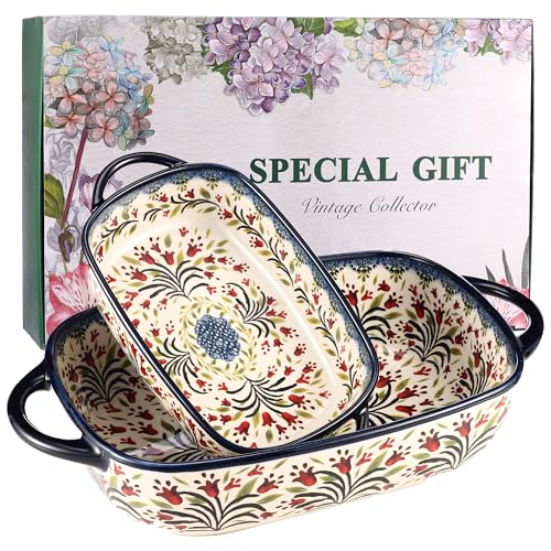 Ceramic Baking Dish Set of 2 – Decorative Polish Pottery Style Casserole Dishes with Handles, Cute Oven-Safe Lasagna Bakeware Gift Set