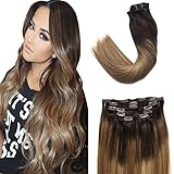 GOO GOO Remy Hair Extensions Clip in Human Hair Extensions Ombre Dark Brown Fading to Light Brown and Ash Blonde Natural Clip in Extensions Balayage Hair Extensions 7pcs 120g 16 inch