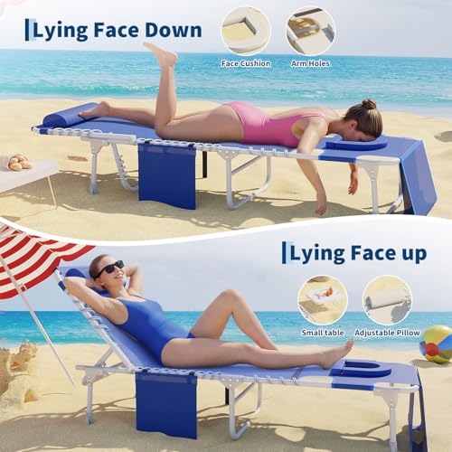 GarveeLife Tanning Chair with Face Hole, 3-in-1 Outside Beach Lounge Chair Outdoor with Folding Table, 5 Reclining Positions and Removable Pillow for Beach Pool Lawn Yard Patio, Max 330lbs (Blue)